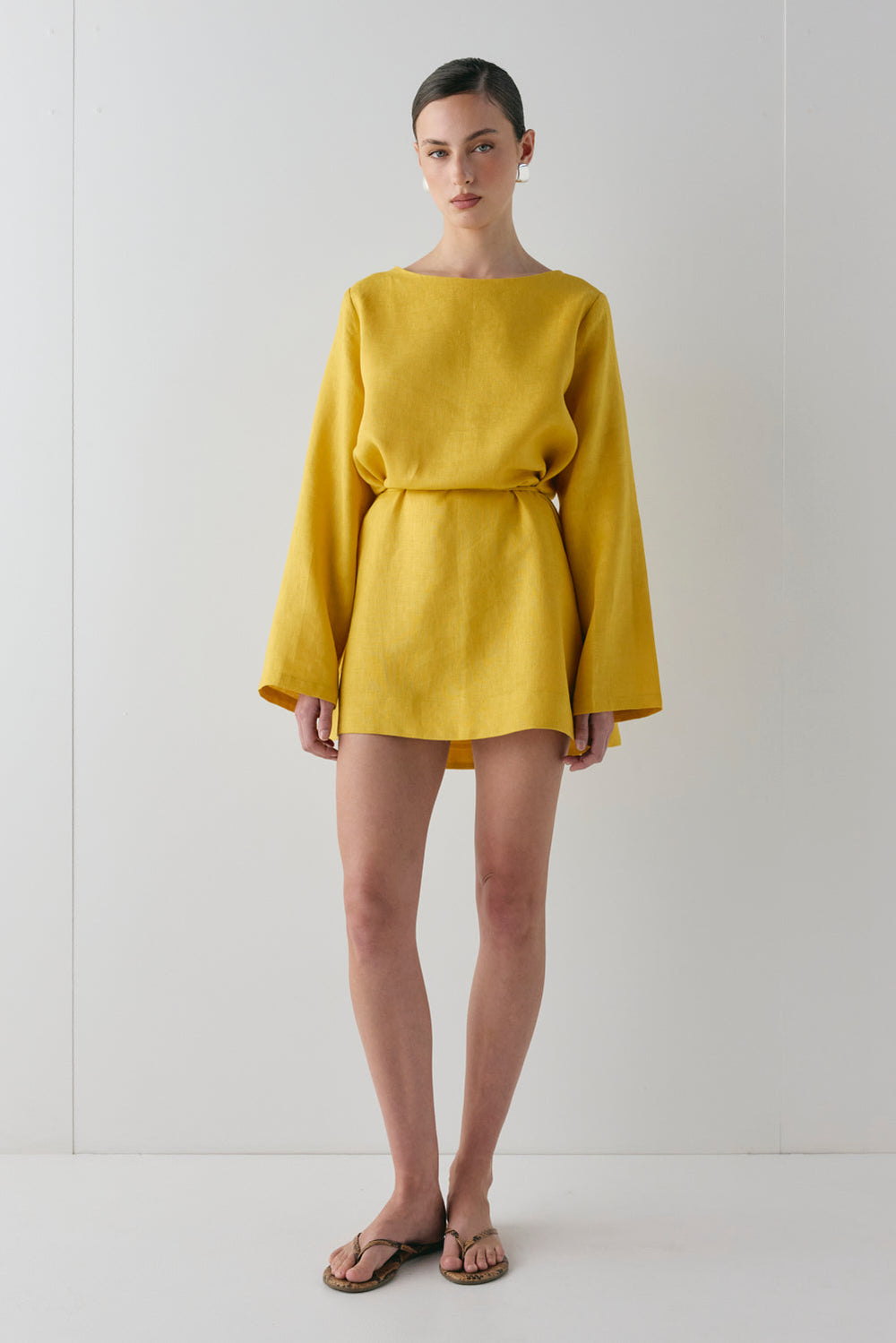 Sabine Linen Mini Dress Mustard | VRG GRL US