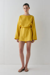 Sabine Linen Mini Dress Mustard | VRG GRL US