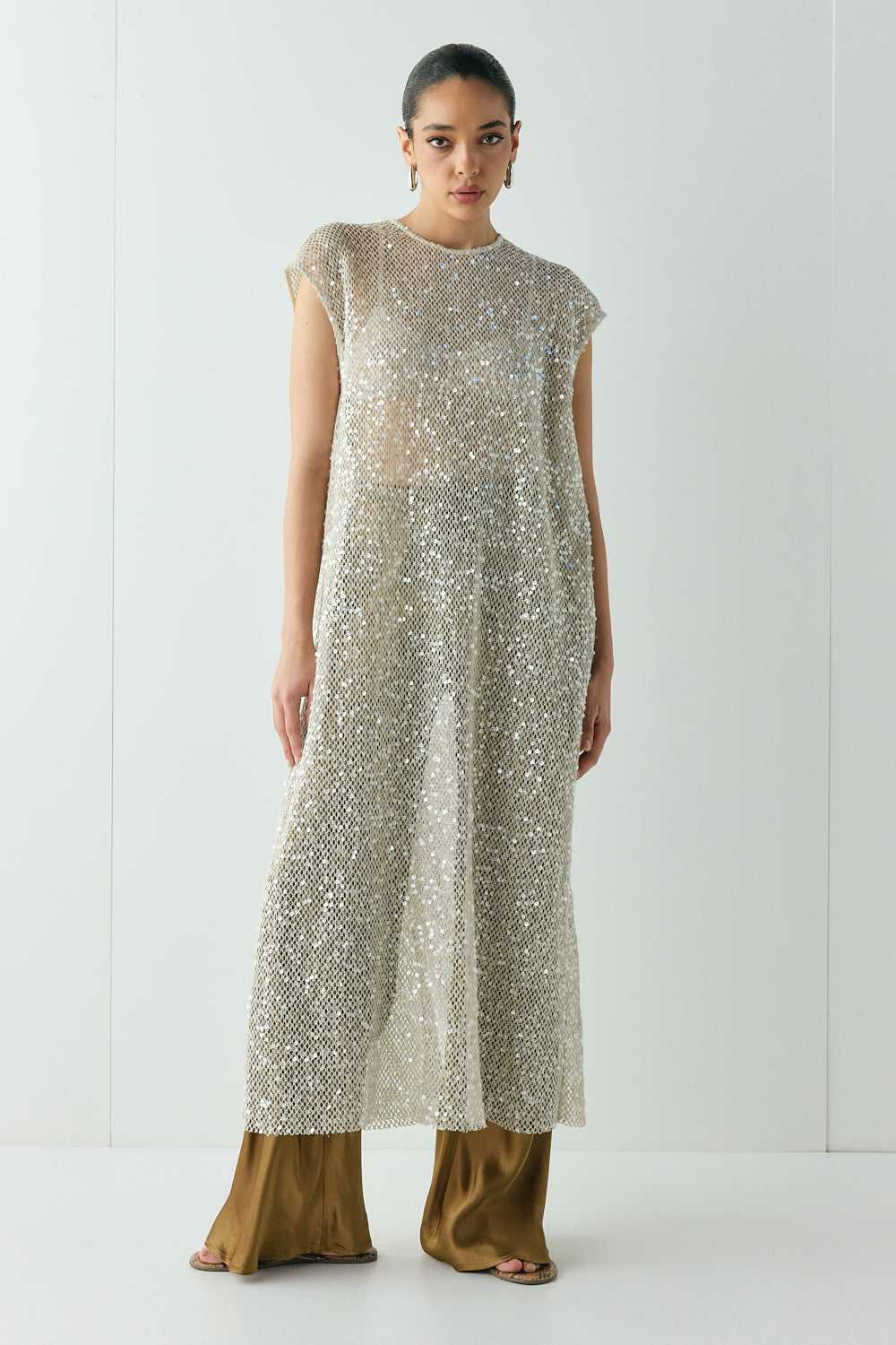 Sabre Sequin Midi Dress Oat | VRG GRL online