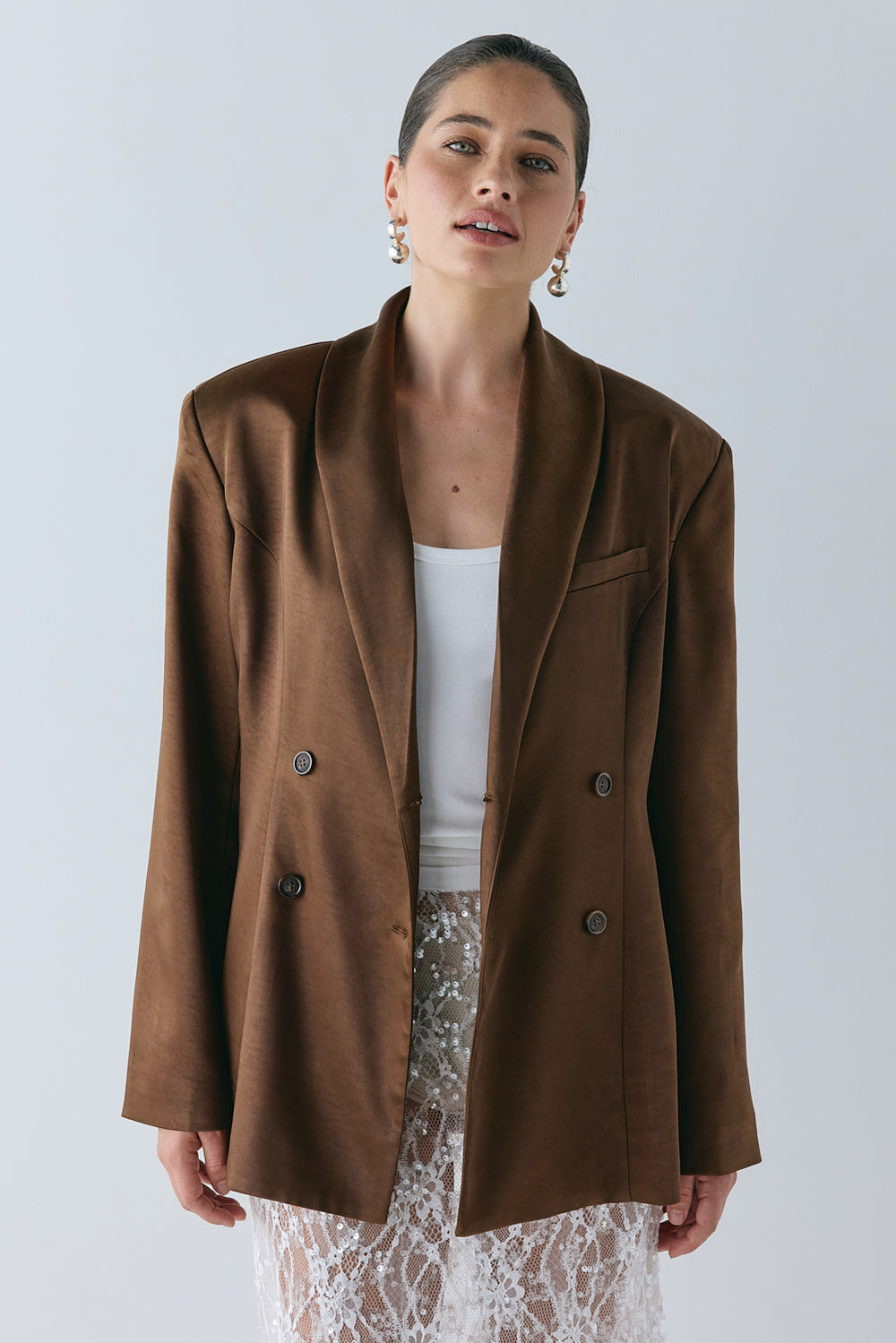 Yara Satin Blazer Chocolate | VRG GRL near me