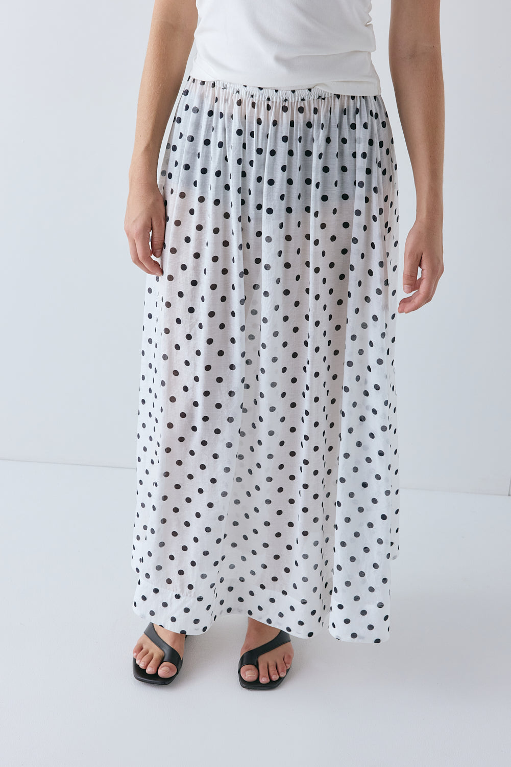 Solara Sheer Midi Skirt White Polka Dot | VRG GRL for sale