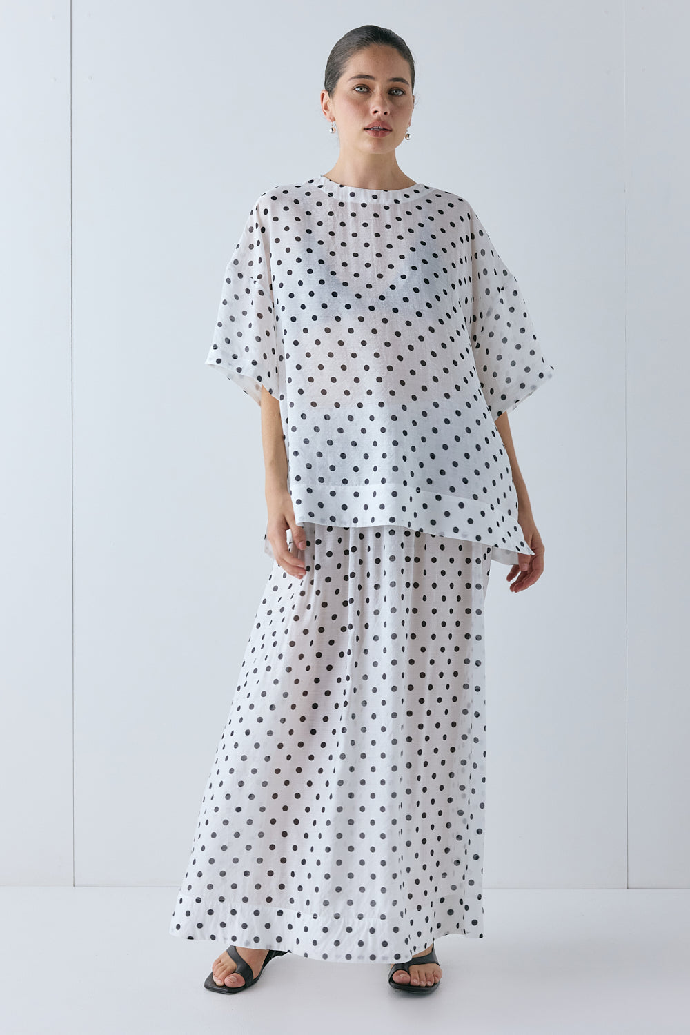 Solara Sheer Midi Skirt White Polka Dot | VRG GRL for sale