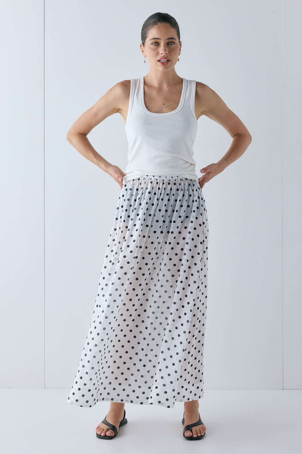 Solara Sheer Midi Skirt White Polka Dot | VRG GRL for sale
