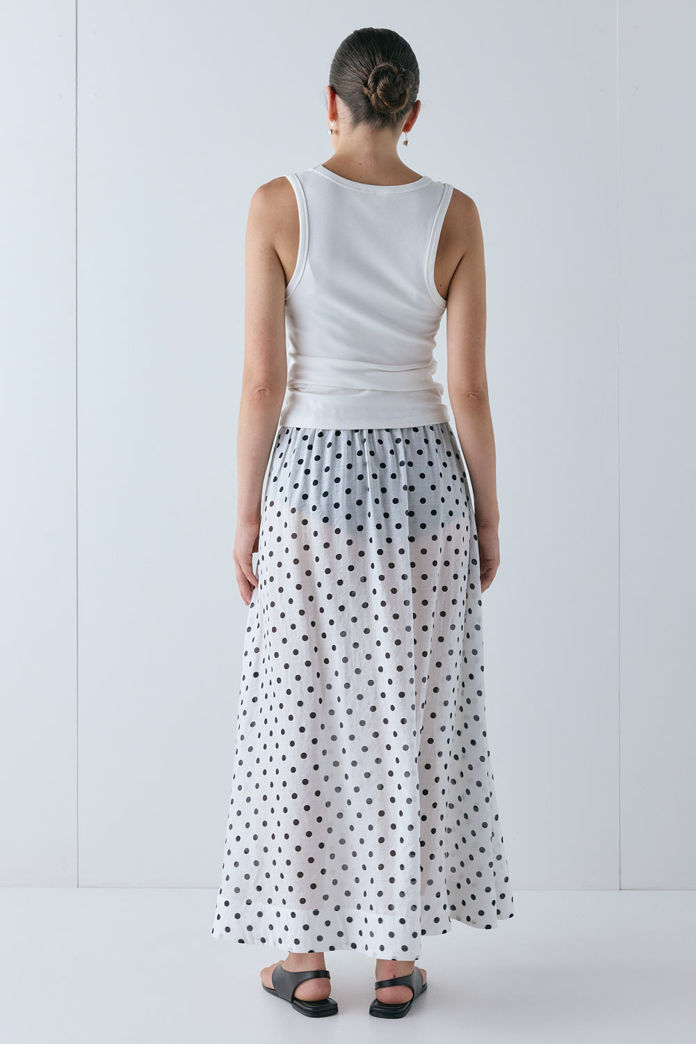 Solara Sheer Midi Skirt White Polka Dot | VRG GRL for sale