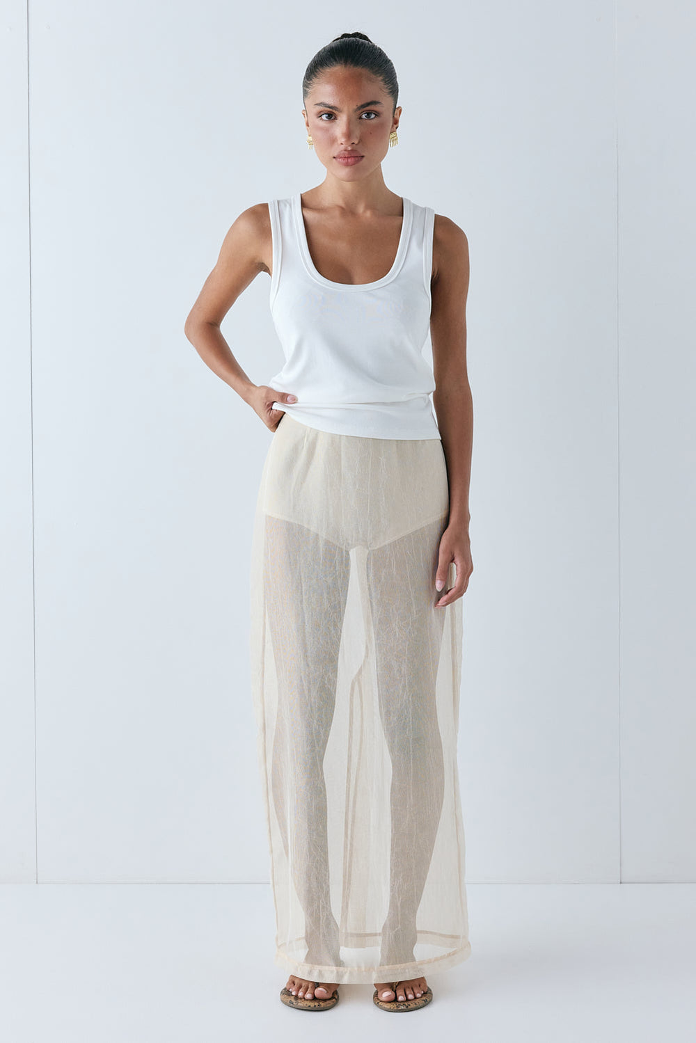 Devyn Sheer Midi Skirt Ecru | VRG GRL for sale