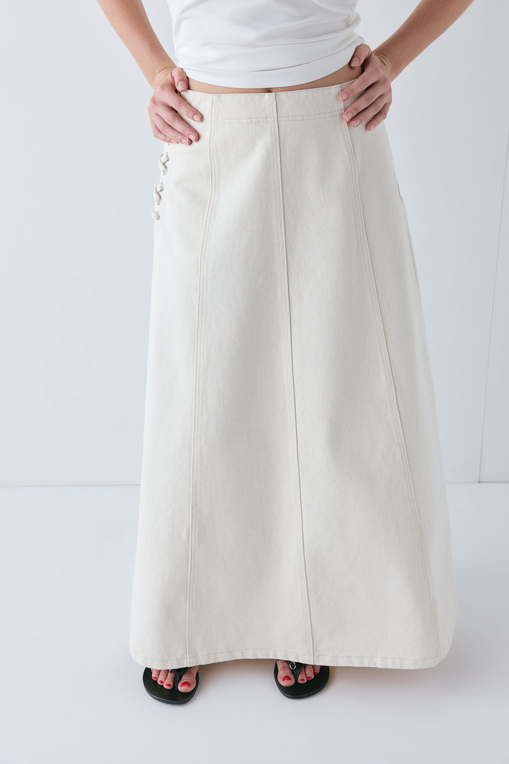 Eve Denim Midi Skirt Cream | VRG GRL on sale