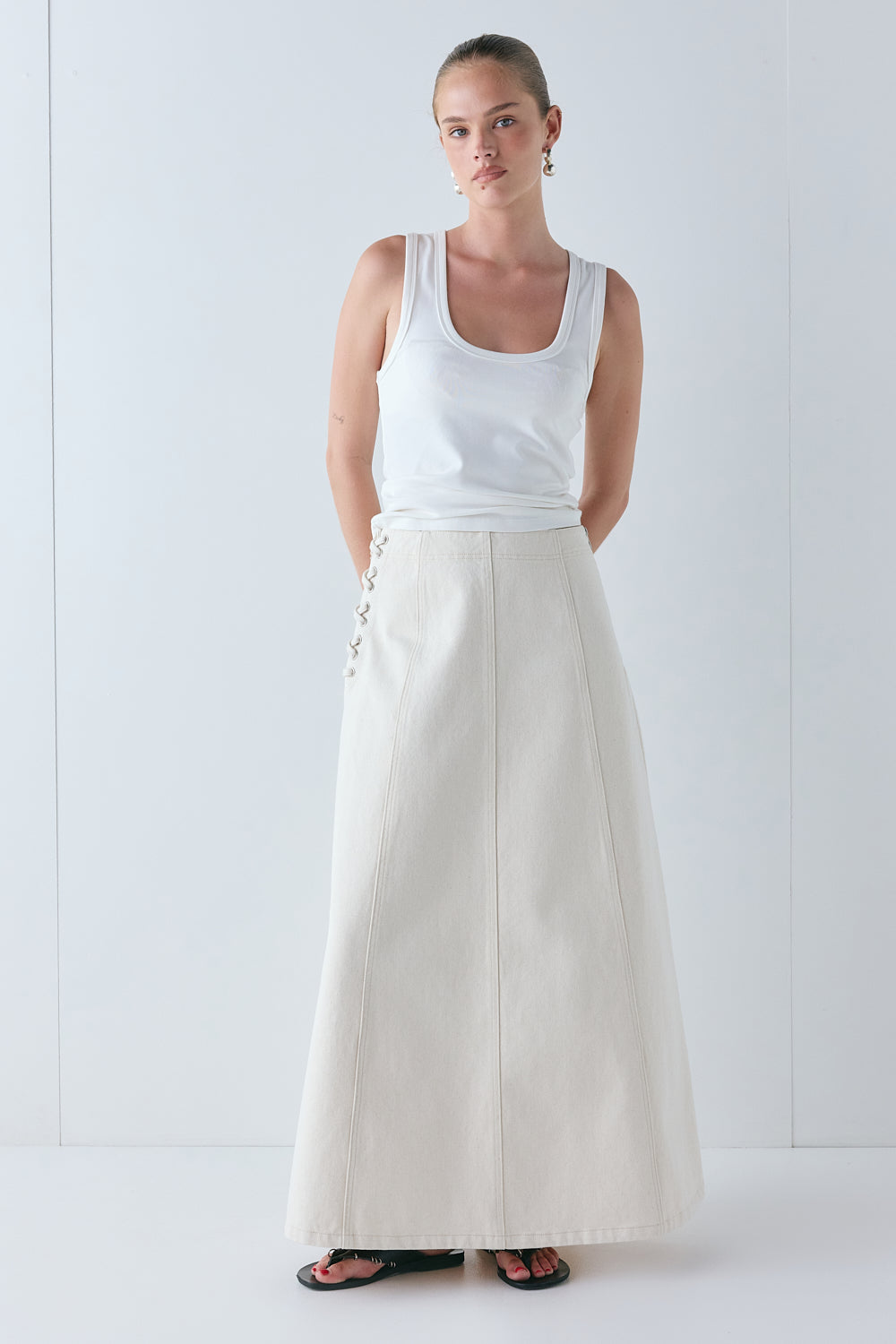 Eve Denim Midi Skirt Cream | VRG GRL on sale