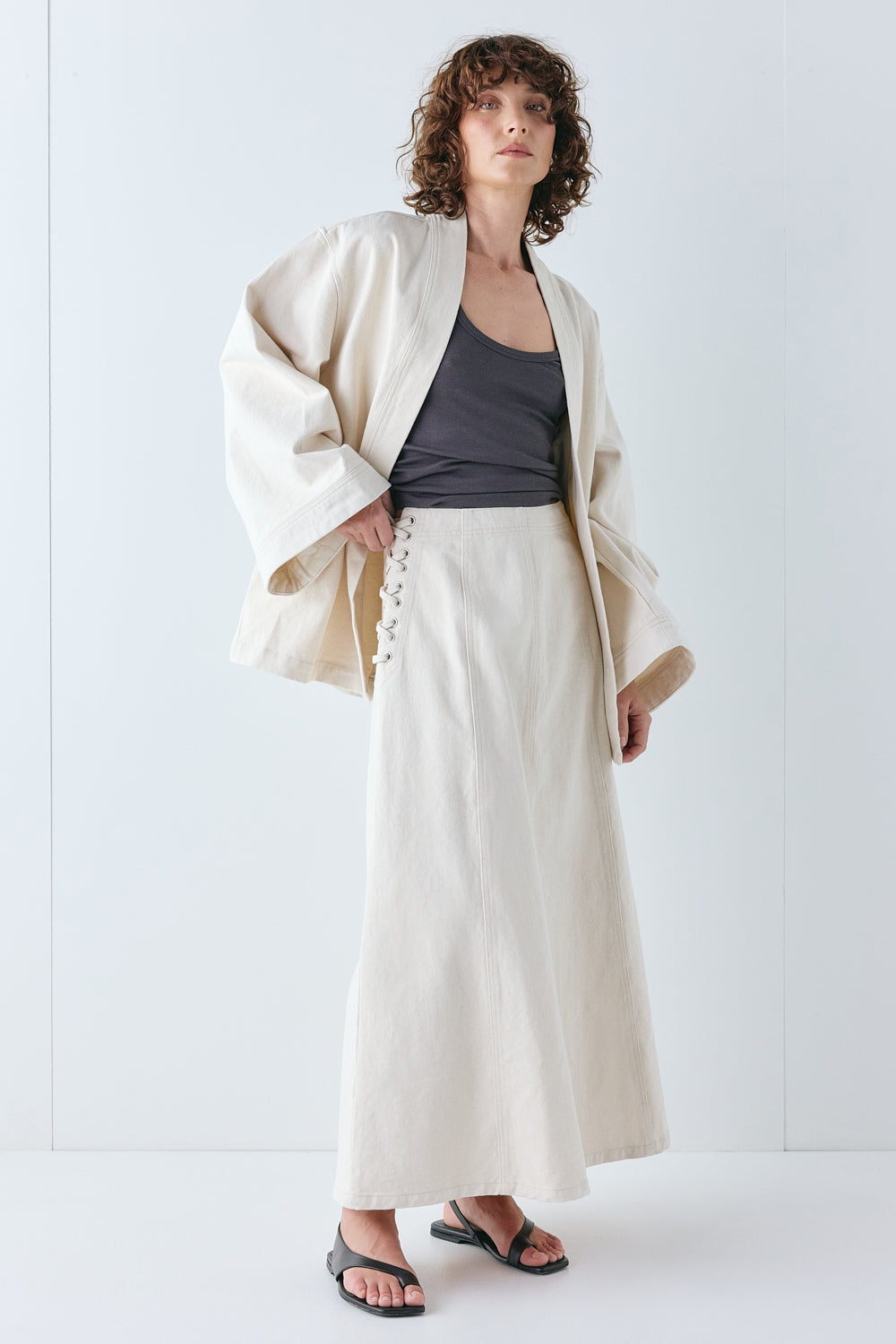 Eve Denim Midi Skirt Cream | VRG GRL on sale