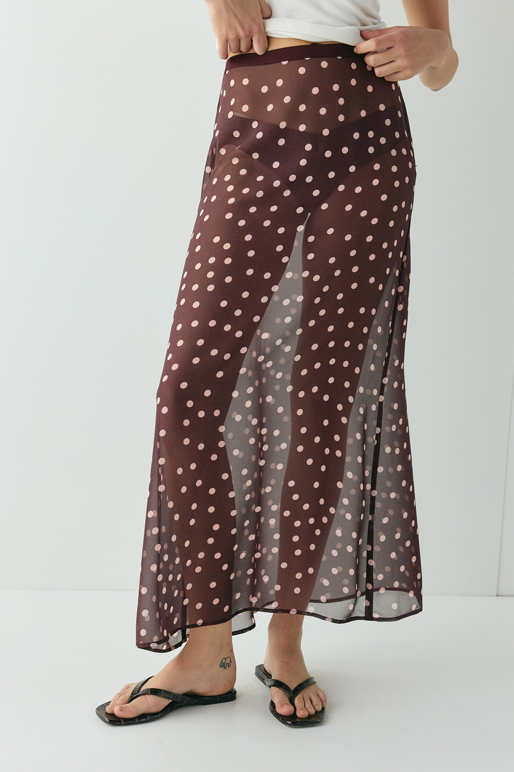 Vilma Sheer Maxi Skirt Wine Polka Dot | VRG GRL for sale