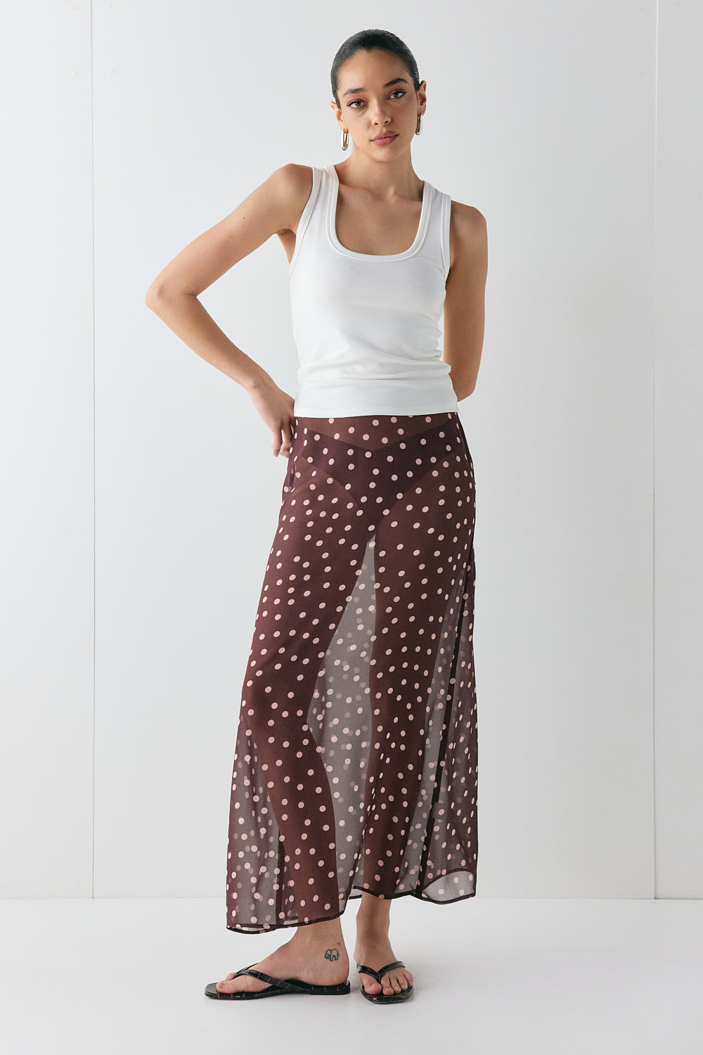 Vilma Sheer Maxi Skirt Wine Polka Dot | VRG GRL for sale