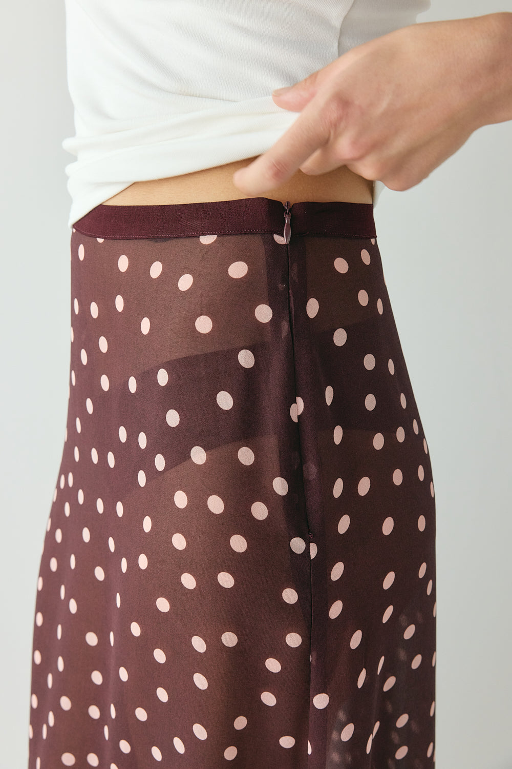 Vilma Sheer Maxi Skirt Wine Polka Dot | VRG GRL for sale