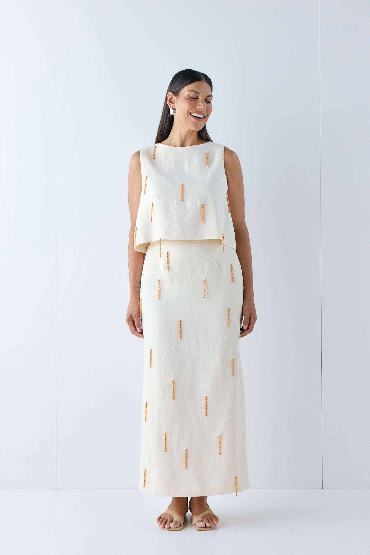 Devyn Linen Midi Skirt Cream | VRG GRL near me