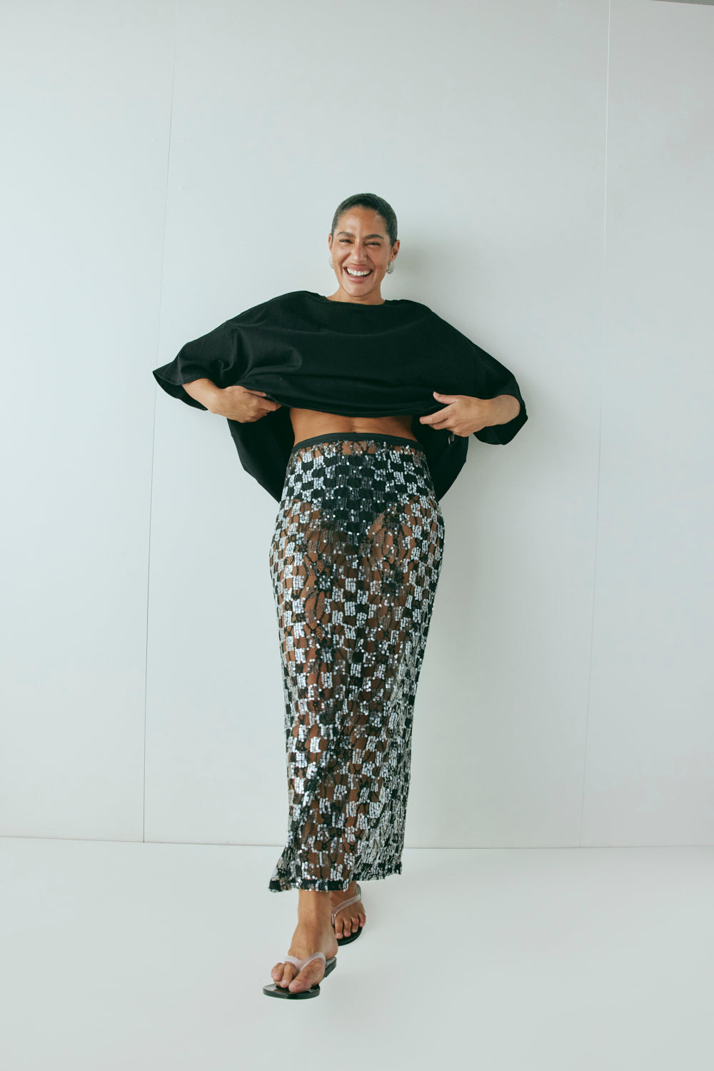 Devyn Sequin Midi Skirt Black | VRG GRL on sale