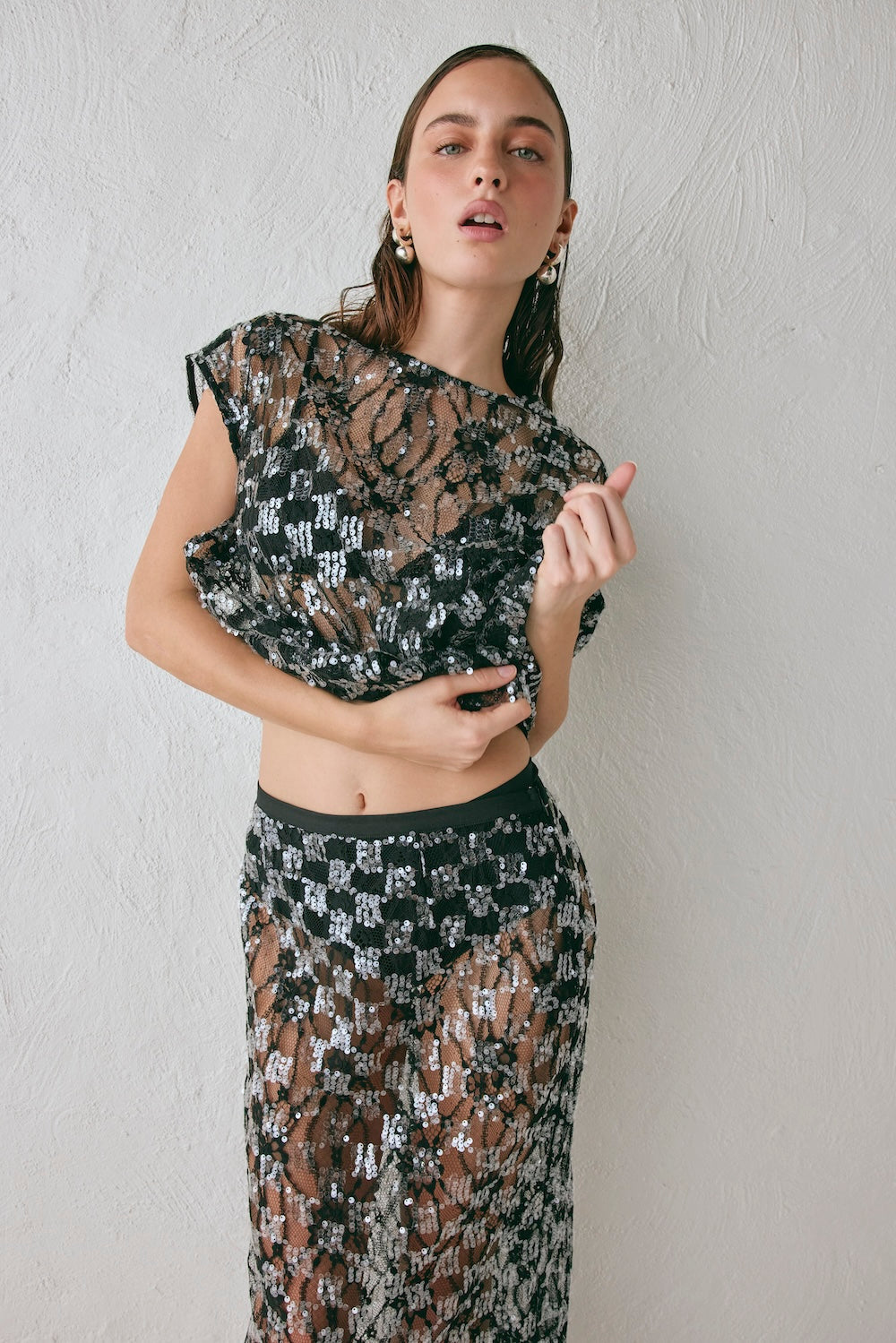 Devyn Sequin Midi Skirt Black | VRG GRL on sale