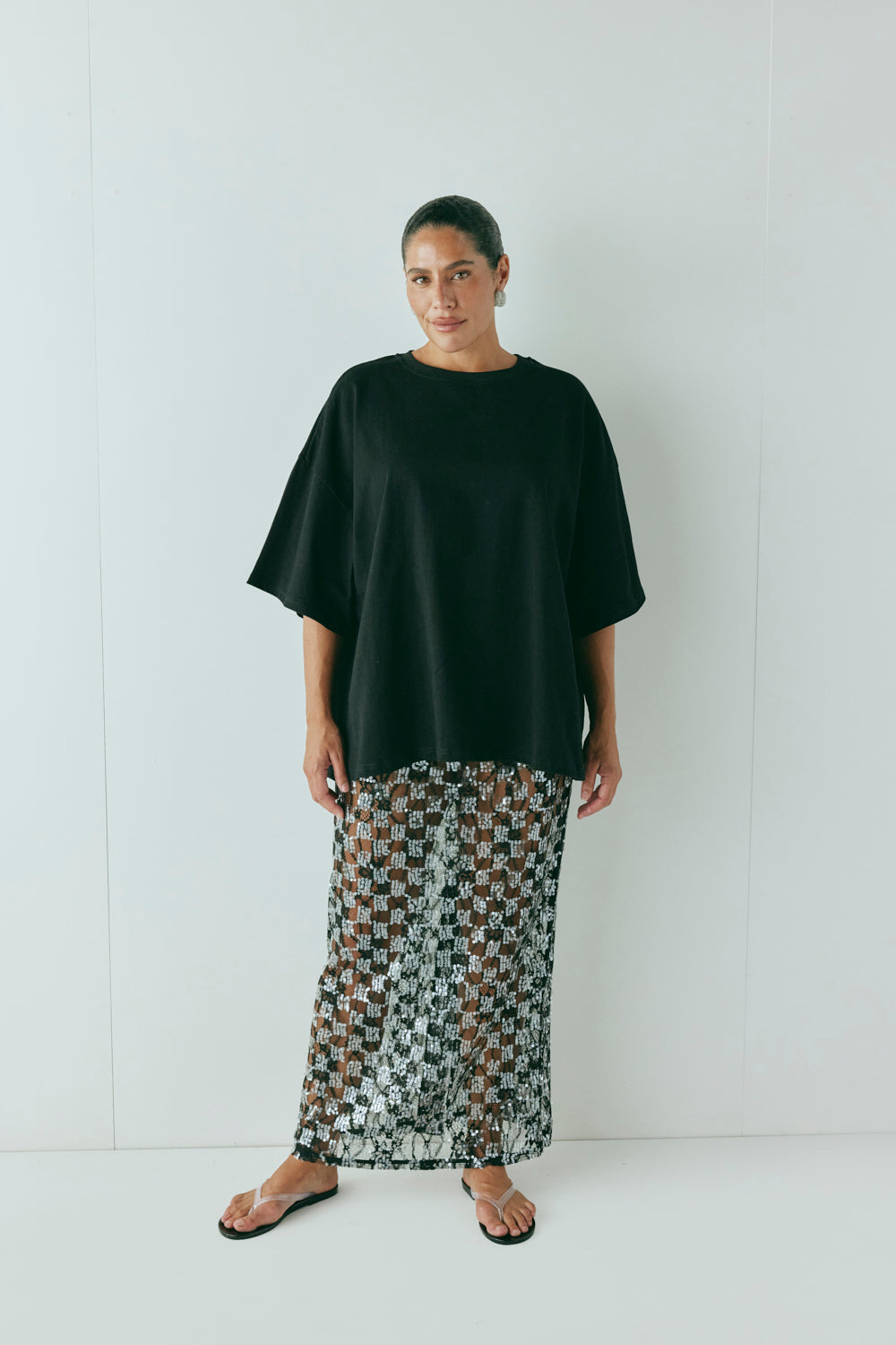 Devyn Sequin Midi Skirt Black | VRG GRL on sale