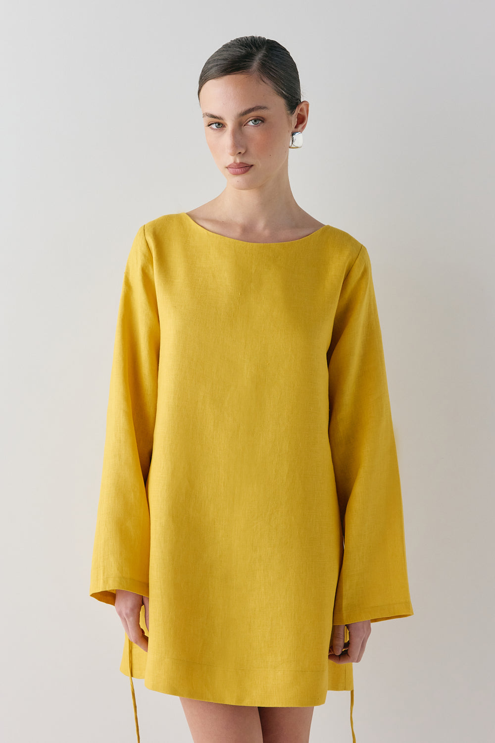 Sabine Linen Mini Dress Mustard | VRG GRL US