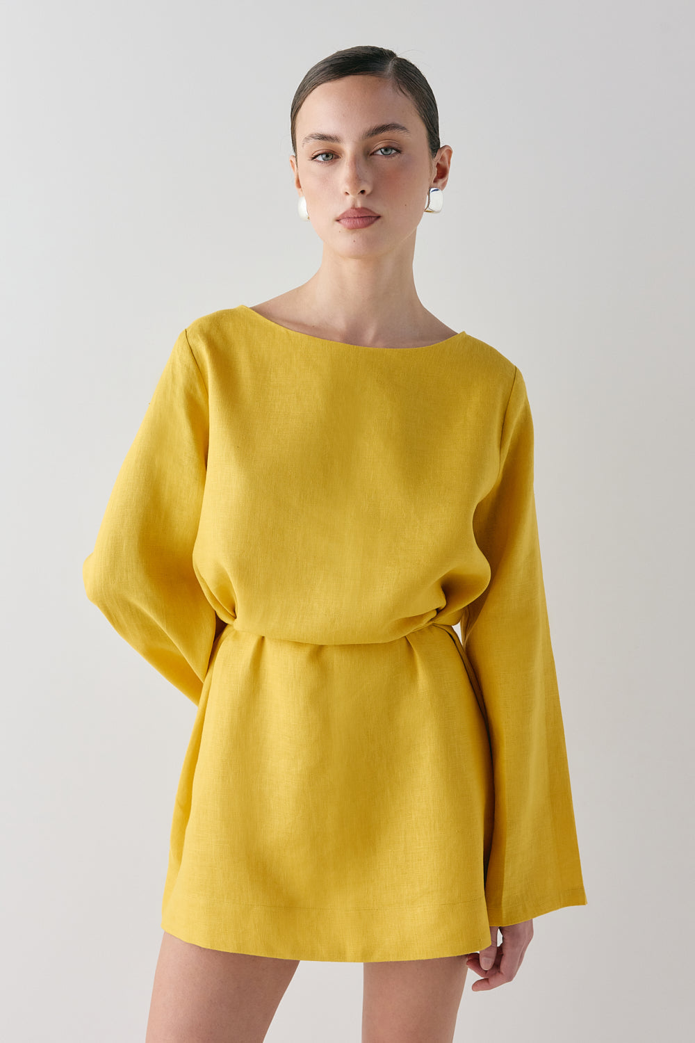 Sabine Linen Mini Dress Mustard | VRG GRL US