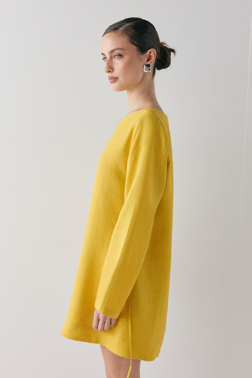 Sabine Linen Mini Dress Mustard | VRG GRL US