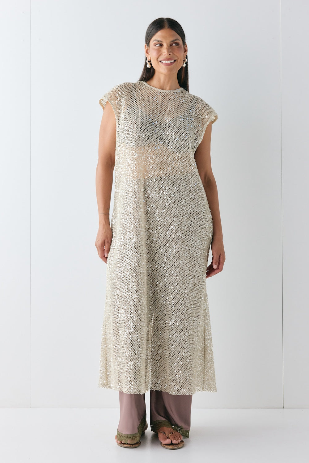 Sabre Sequin Midi Dress Oat | VRG GRL online