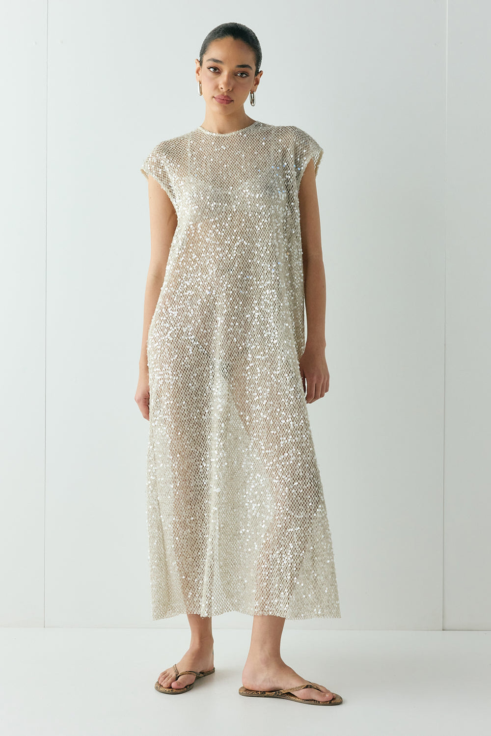 Sabre Sequin Midi Dress Oat | VRG GRL online
