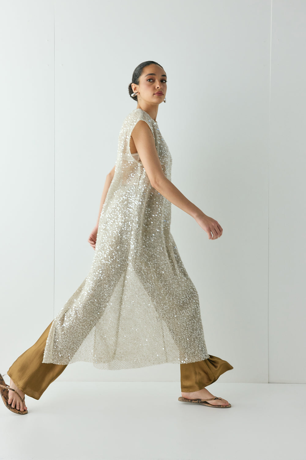 Sabre Sequin Midi Dress Oat | VRG GRL online