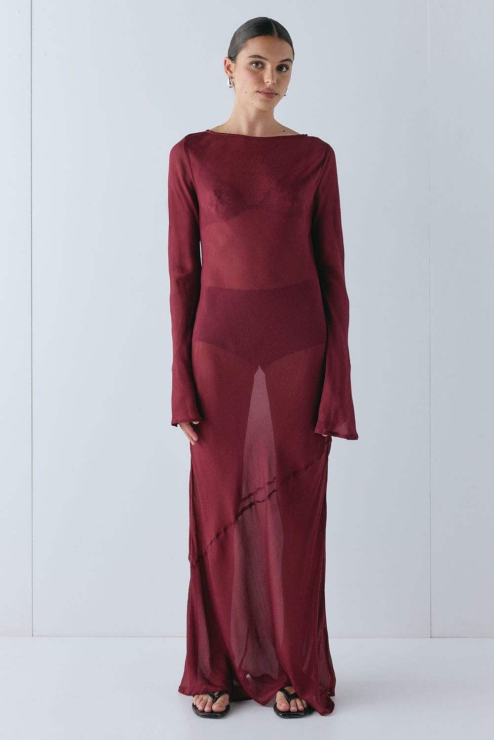 Luka Sheer Maxi Dress Wine | VRG GRL on sale