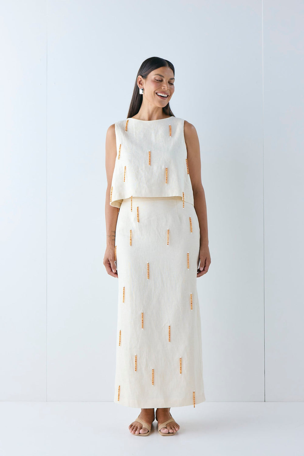 Devyn Linen Midi Skirt Cream | VRG GRL online